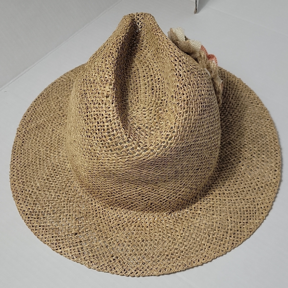 Straw Sun Hat with Floral Accent - Tan - Picture 3 of 6